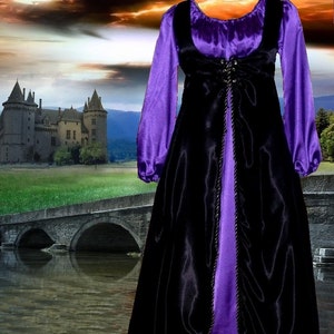 Renaissance Costume Medieval SCA Garb Court Gown Purple Black Satin FrtLacng 2 pc Set SzFlex lxl FREE SHIP
