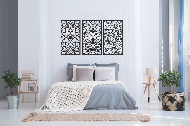 Set of 3 Large Metal Wall Art Panels / Mandala Flower Wall Art - Etsy