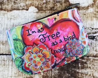 Free Bird Coin Purse, Change Purse, Credit Card Holder, Bohemian Bag, Hippie Art, Whimsical Art, Coin Pouch, Doodle Flower Art, Card Wallet