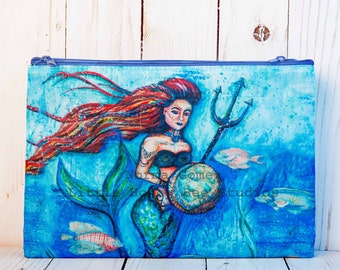 Mermaid Art Cosmetic Bag, Makeup bag, Mermaid Bag, Siren Art, Zipper Pouch, Bohemian Bag, Pencil Pouch, Mermaid Warrior Art, Fantasy Art Bag