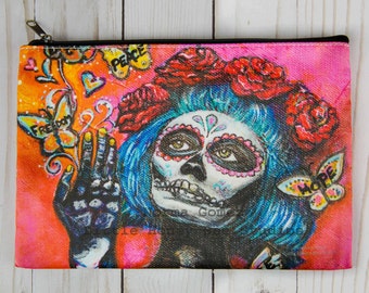 Sugar Skull Cosmetic Bag, Day of the Dead Art, Sugar Skull Art, Dia De Los Muertos Bag, Sugar Skull Bag, Pencil Bag, Chicana Art, Zipper Bag