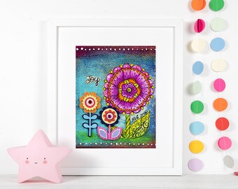 Joy Whimsical Art Print, Whimsical Doodle Flower Art, Flower Wall Decor, Girls Room Art, Girls Room Decor, Doodle Flower Art, Nursery Art