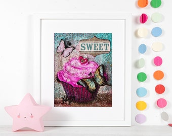 Pink Cupcake Art Print, Girls Room Decor, Girls Room Art, Desert Wall Decor, Whimsical Art, Desert Art, Kitchen Art, Food Art, Butterfly Art