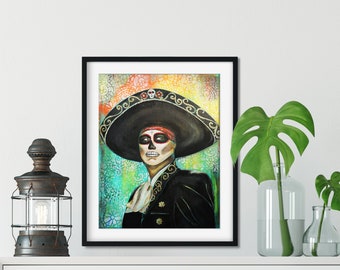 Day of the Dead Art Print, Dia De Los Muertos Art, Œuvres d’art mexicaines, Mariachi Wall Art, Chicano, Sugar Skull Art, Charro Illustration, Latino