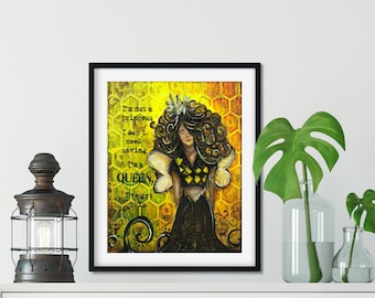 Queen Bee Art Print, Inspirational Art, Bohemian Art, Positive Affirmations, Women Art, Whimsical Art, Curly Hair Don't Care, Honey Bee Art