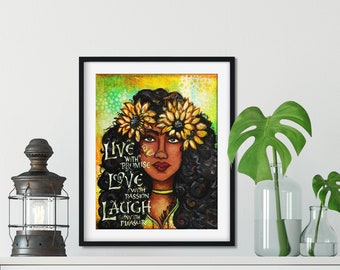 Live Love Laugh Art Print, Natural Hair, Inspirational Art, Bohemian Decor, Hippie Art, Flower Child Illustration, Curly Hair Don't Care