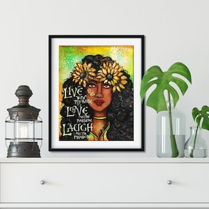 Live Love Laugh Art Print, Natural Hair, Inspirational Art, Bohemian Decor, Hippie Art, Flower Child Illustration, Curly Hair Don't Care