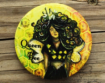 Queen Bee Magnet, Honey Bee Magnets, Queen Bee Art, Curly Hair Art, Kitchen Magnets, Office Magnets, Whimsical Women Art, Locker Magnets