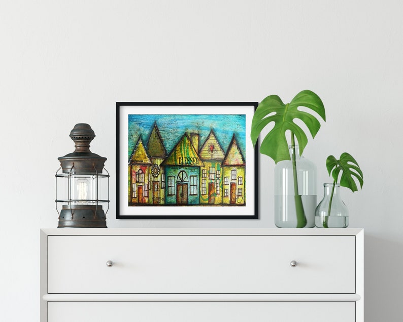 Blessed Homes Art Print, Whimsical Wall Art, Whimsical Houses, Funky Homes Art, Whimsical Home Decor, Whimsical House Warming Gift, New Home image 1