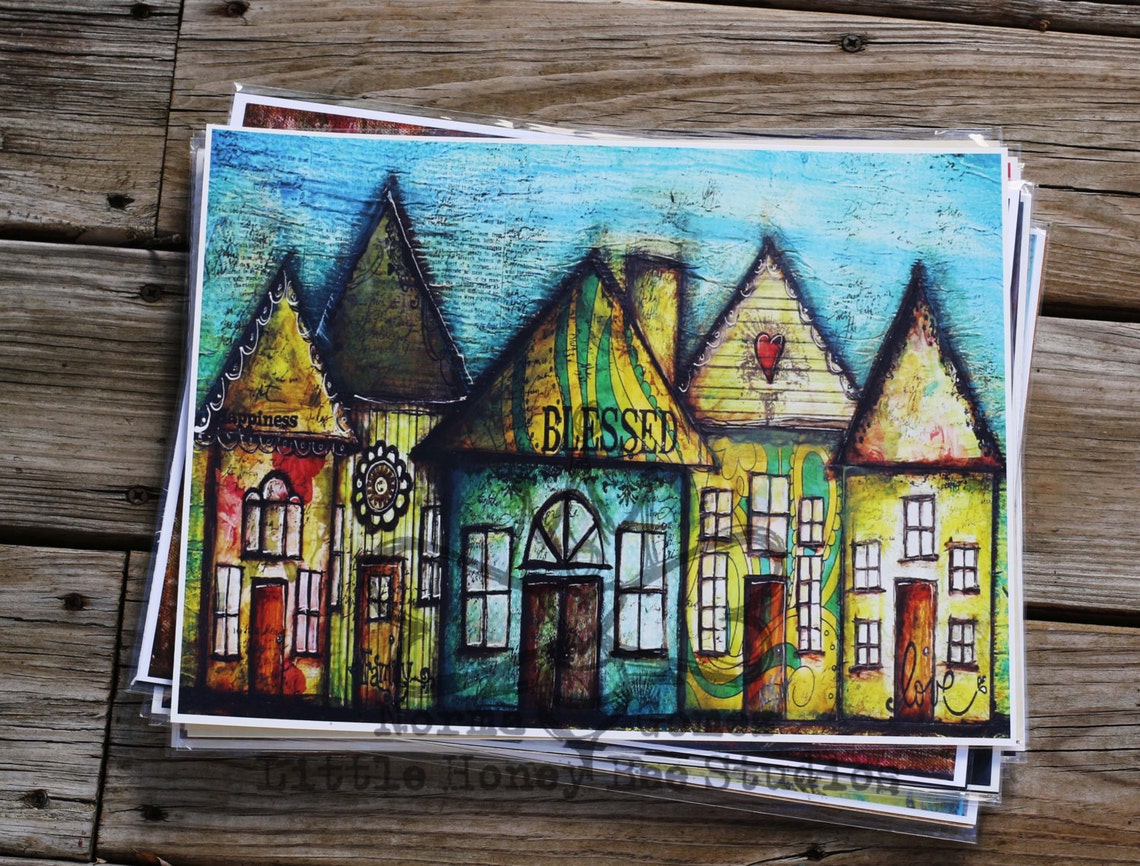 Blessed Homes Art Print Whimsical Wall Art Whimsical Houses Etsy