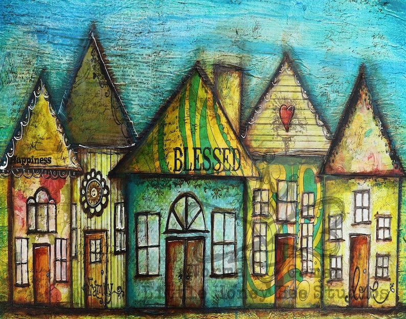 Blessed Homes Art Print, Whimsical Wall Art, Whimsical Houses, Funky Homes Art, Whimsical Home Decor, Whimsical House Warming Gift, New Home image 4