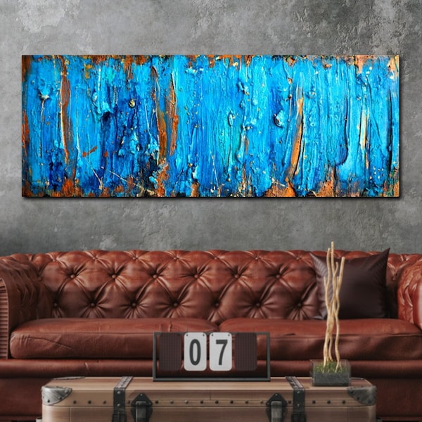 Blue Orange color ABSTRACT PAINTING on CANVAS, Wall sculpture 3d wall art textured, Large narrow canvas