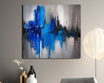 Blue Abstract Cityscape Painting: Textured Acrylic Canvas Art, Original Landscape Wall Art decor