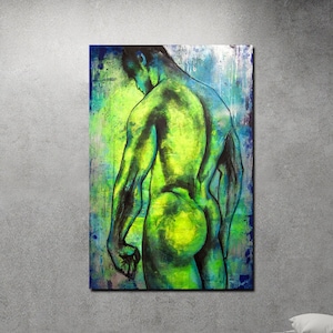 Könnte beinhalten: Abstrakte Malerei einer nackten männlichen Figur in Grün- und Blautönen. Die Figur steht mit dem Rücken zum Betrachter, und ihr Körper ist in einer stilisierten, fast geometrischen Weise gemalt.