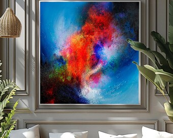 Textured Abstract Canvas Art, Vibrant Red Blue Modern Painting, Ready Hang Home Décor