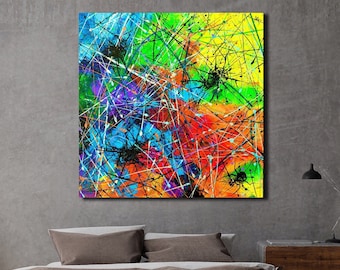 Colourful wall art UV, Acrylic Abstract Painting, Bold Neon Colors, Graffiti Art Canvas Decor