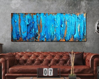 Painting on canvas original abstract painting on Canvas Acrylic Painting Texture UK home decor modern turquoise Copper Blue Long Rectangle