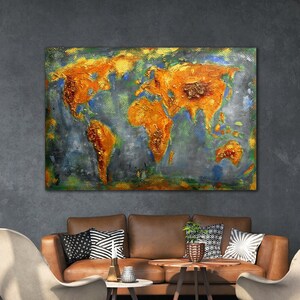 World Map Painting on Canvas Original large canvas art artwork for living room Textured wall art painting Modern Abstract Grey Coper Gold.