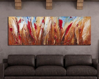 Textured Abstract Canvas Painting: Copper Meadow Landscape Wall Art