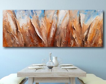 Large Textured Abstract Painting: Brown, Copper, and Gold Canvas Art, Panoramic Art, Modern Acrylic