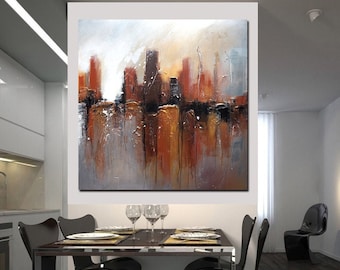 Unique brown abstract Original art painting Silver brown, dark colours city, Landscape abstract painting. Modern painting on canvas Large.