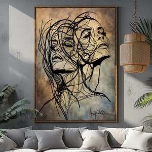 Figurative painting on canvas original Beige canvas wall art Bronze painting for living room line art abstract woman portrait abstract art