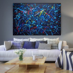 Blue abstract painting Jackson Pollock Style Painting on canvas original Expression style Modern canvas artwork large wall Art canvas Art UK