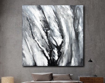 Tree Texture wall art painting on canvas Original Extra large art home decor living room abstract Minimalistic abstract Black and white Art