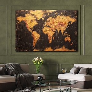 Black and gold wall art painting original acrylic World map art minimalist painting 3D art painting on canvas Texture wall art Large canvas