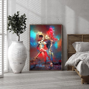 Dark Art print schilderij abstracte kunst print kleurrijke muur kunst skelet kunst dans macabere moderne interieur originele kunstwerken uniek cadeau-idee
