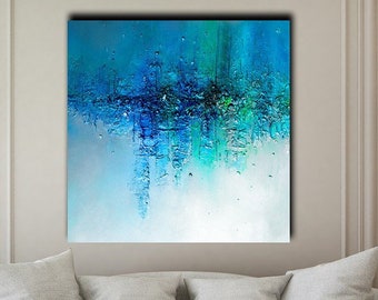 Textured Abstract Landscape Painting: Blue Silver Acrylic Canvas Wall Art, Contemporary home decor