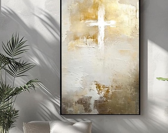 Cross painting white and gold Wall abstract, Original Acrylic canvas, Jesus, Christian decor, textured wall art