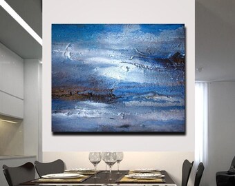 Textured Seascape Painting On Canvas: Large Blue Copper Abstract Wall Art, acrylic abstract