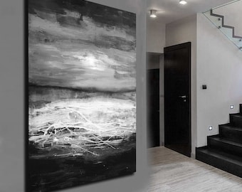 Abstract Black and White Landscape Painting: Minimalist Wall Art Canvas, Large Original Art