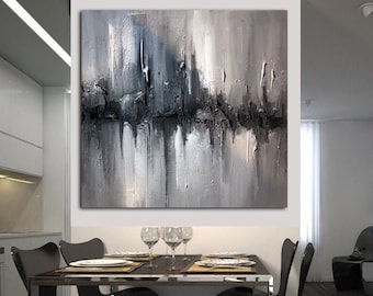 Textured Cityscape Painting: Black and White Abstract Acrylic Canvas Art, Modern Original Landscape decor