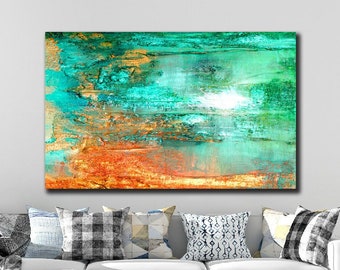 Textured Green Abstract Canvas Painting: Copper & Acrylic Original Art