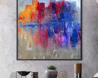 3D Textured Cityscape Wall Art – Large Blue Silver Abstract Canvas for Modern Home, Colourful