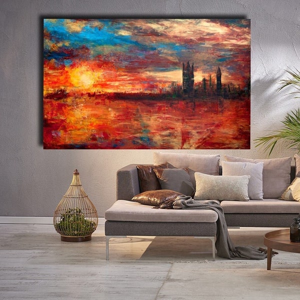 Painting on Canvas Original Abstract Painting Acrylic Large Wall Art Colourful Texture Wall Art Modern Landscape Painting UK London Skyline.