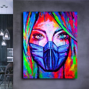 Cyberpunk Woman Portrait Painting: UV Glow Art, Large Acrylic Canvas (47x40 inch) Abstract Woman