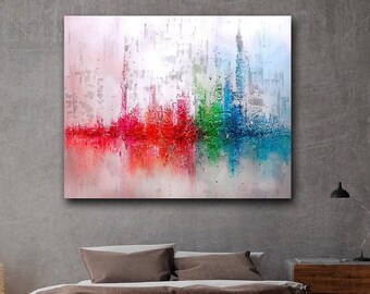 Textured Shanghai Skyline Painting: Silver Metallic Abstract Canvas Art, Contemporary wall art, colourful