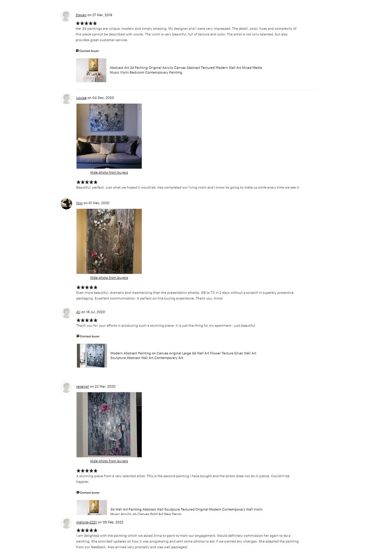May include: A collection of customer reviews for a textured abstract painting of a violin. The painting is described as unique, modern, and amazing. The reviews include photos of the painting and the customer's comments.