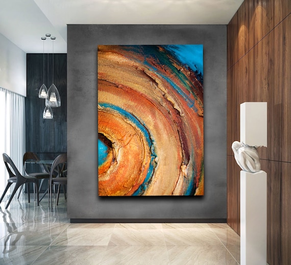 Orange wall art abstract painting large, Textured circle art, Canvas for living room, Blue, Original artwork