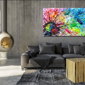 May include: Abstract painting with a colorful splatter design in shades of blue, green, yellow, red, and black. The painting is displayed on a wall above a gray couch and a wooden coffee table.