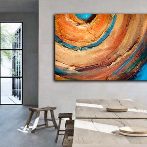 Orange wall art abstract painting large, Textured circle art, Canvas for living room, Blue, Original artwork image 3