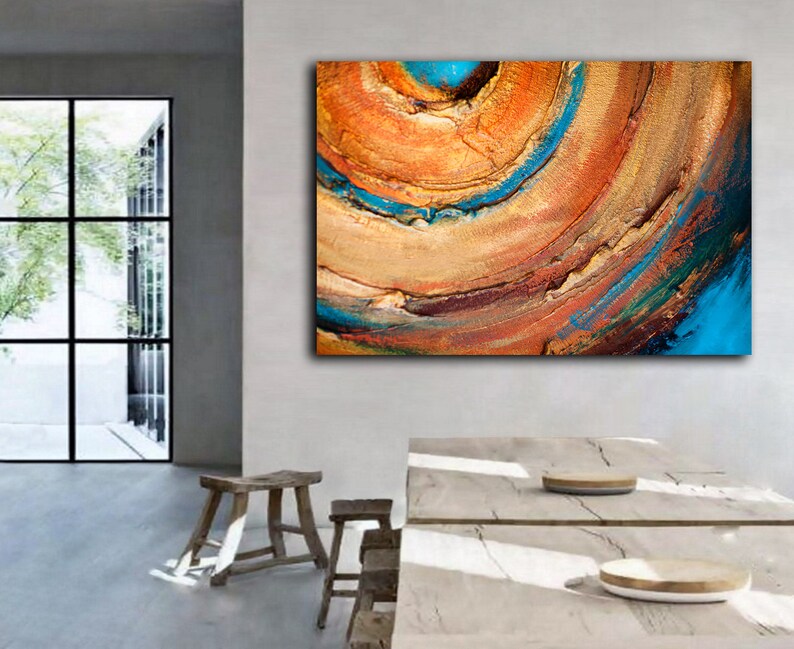 Orange wall art abstract painting large, Textured circle art, Canvas for living room, Blue, Original artwork image 3