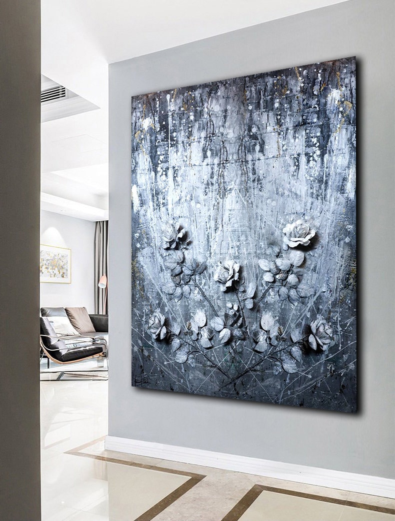 Original Sculpture Textured Painting Roses on Stretched Canvas Wall Art  Unique Large Texture Paste Flowers Modern Art 3d Art Large 