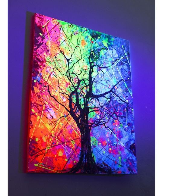 Neon Art Abstract Painting on Canvas Modern Wall Art UV Glow in the Dark  Fluorescent Landscape Contemporary Wall Art Tree Painting. 