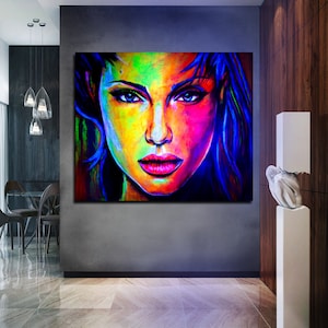 Woman Art Portrait Abstract Painting on Canvas Original Painting UV Glow in the Dark Large Wall Art Acrylic Famous beautiful Colourful image 1