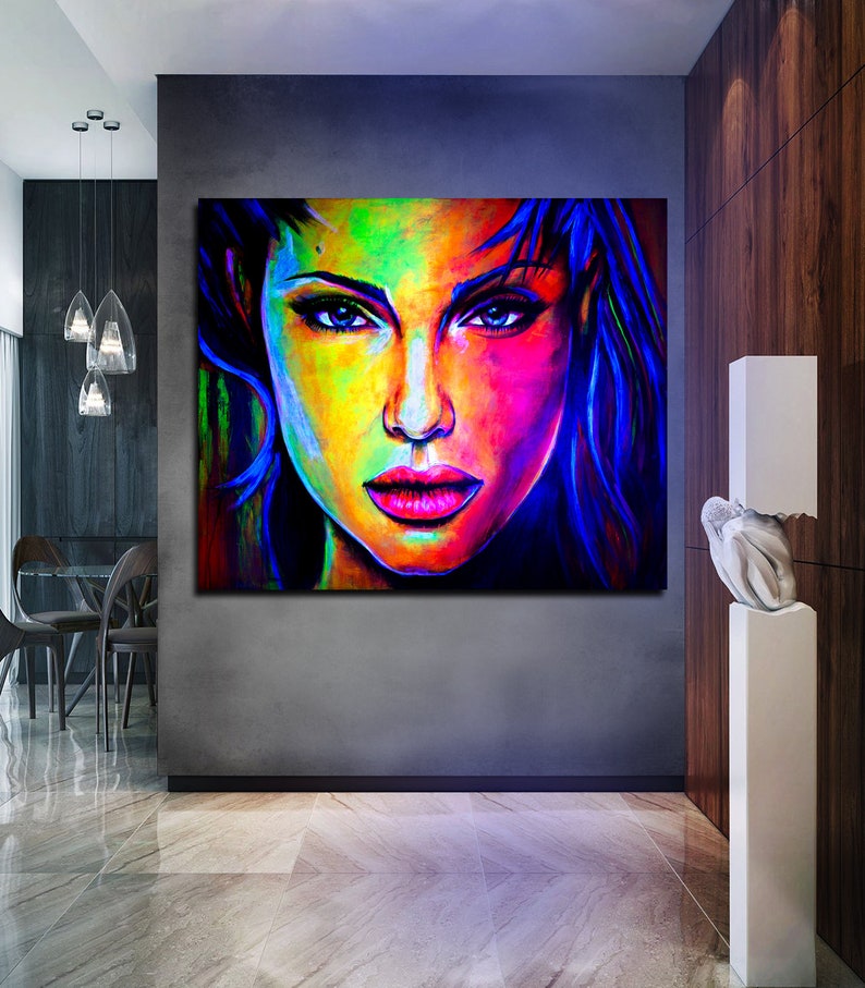 Woman Art Portrait Abstract Painting on Canvas Original Painting UV Glow in the Dark Large Wall Art Acrylic Famous beautiful Colourful image 1