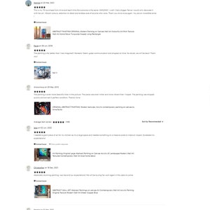 May include: A collection of customer reviews for abstract paintings on canvas. The reviews highlight the vibrant colors, textures, and quality of the artwork. The reviews also mention the artist's communication and shipping speed.